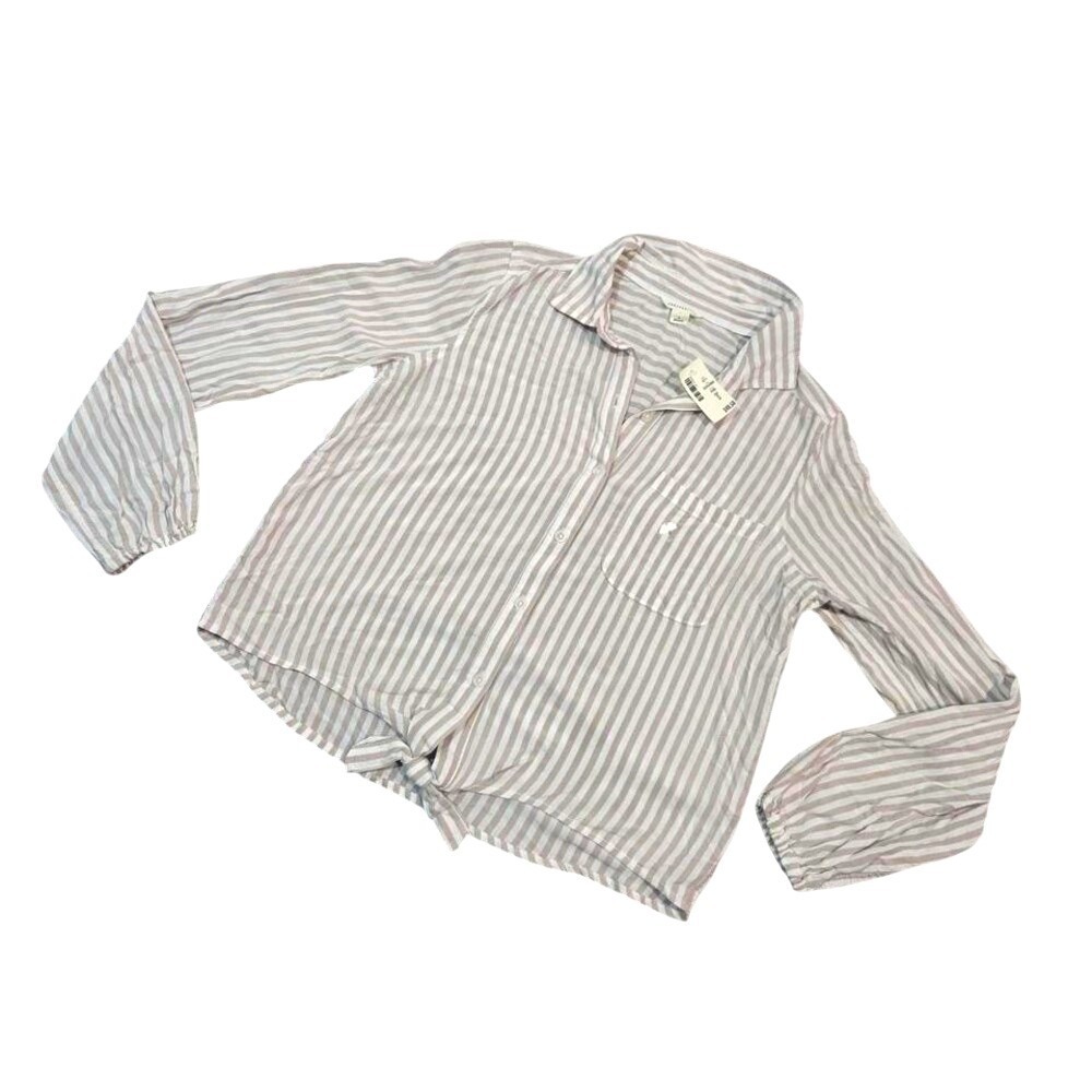 NWT Aéropostale Striped Button-Up Tie Front Collared Blouse White Beige Women S